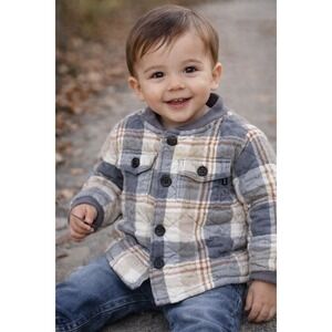Baby B'gosh Quilted Plaid Jacket 12M‎ Gray Tan Button Front Boys